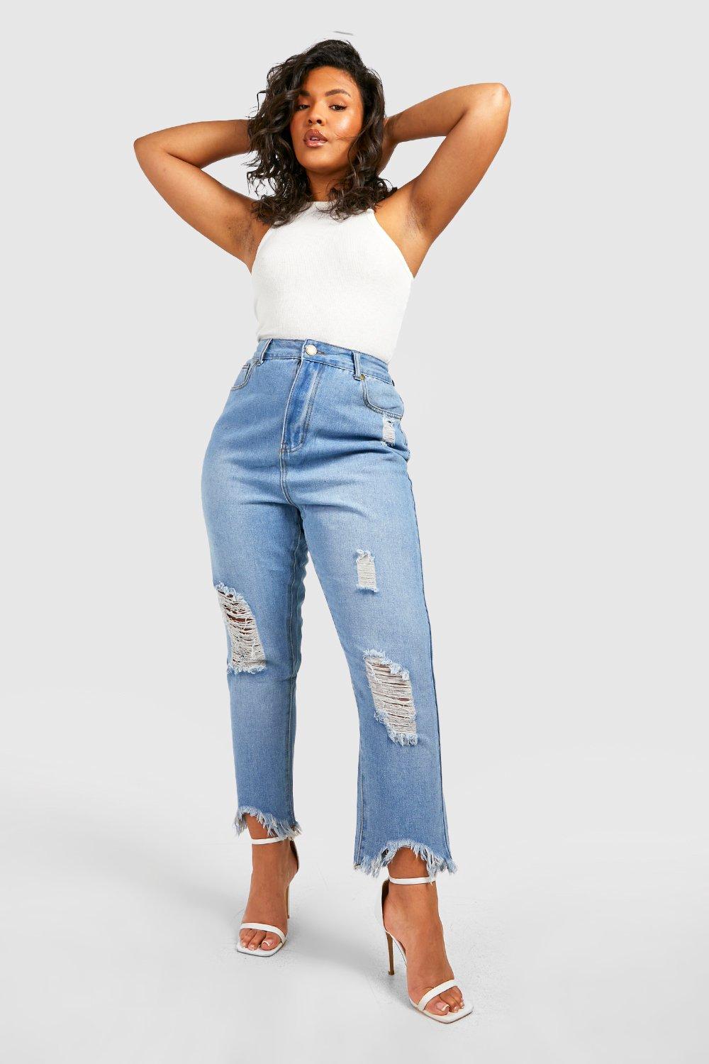 Plus Ripped Distressed High Waisted Mom Jeans - Blue - 18