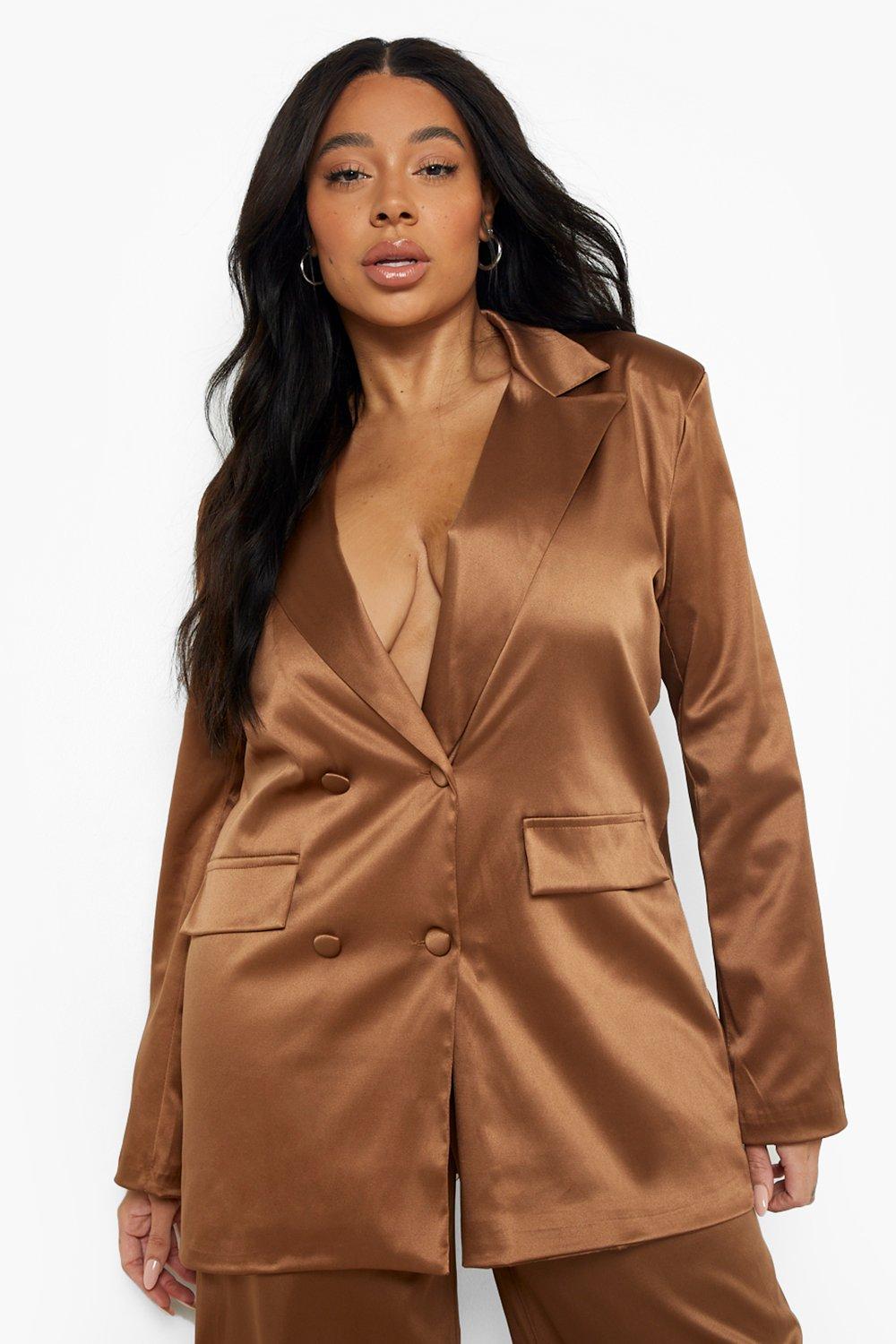 Grande Taille - Blazer Croisé Satiné - Marron Chocolat - 44, Marron Chocolat