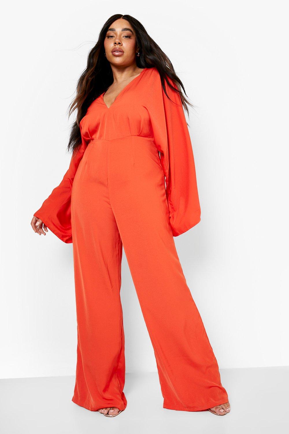 Womens Plus Plunge Batwing Wide Leg Jumpsuit - Red - 24, Red