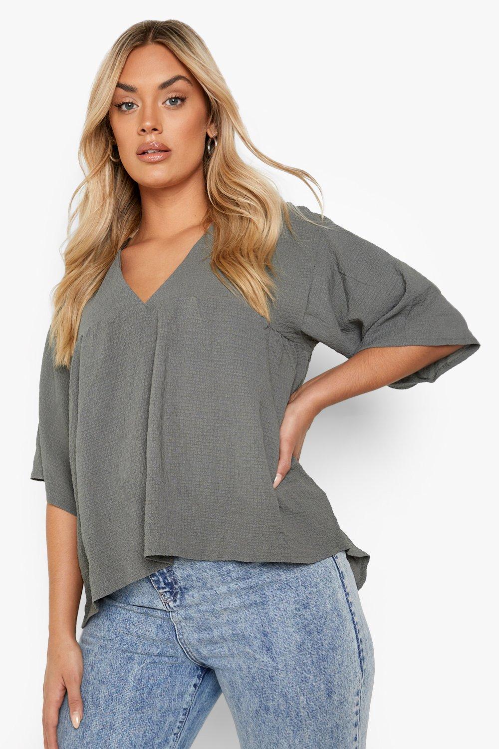 Grande Taille - Top Texturé À Col V Et Smocks - Vert Kaki - 46, Vert Kaki