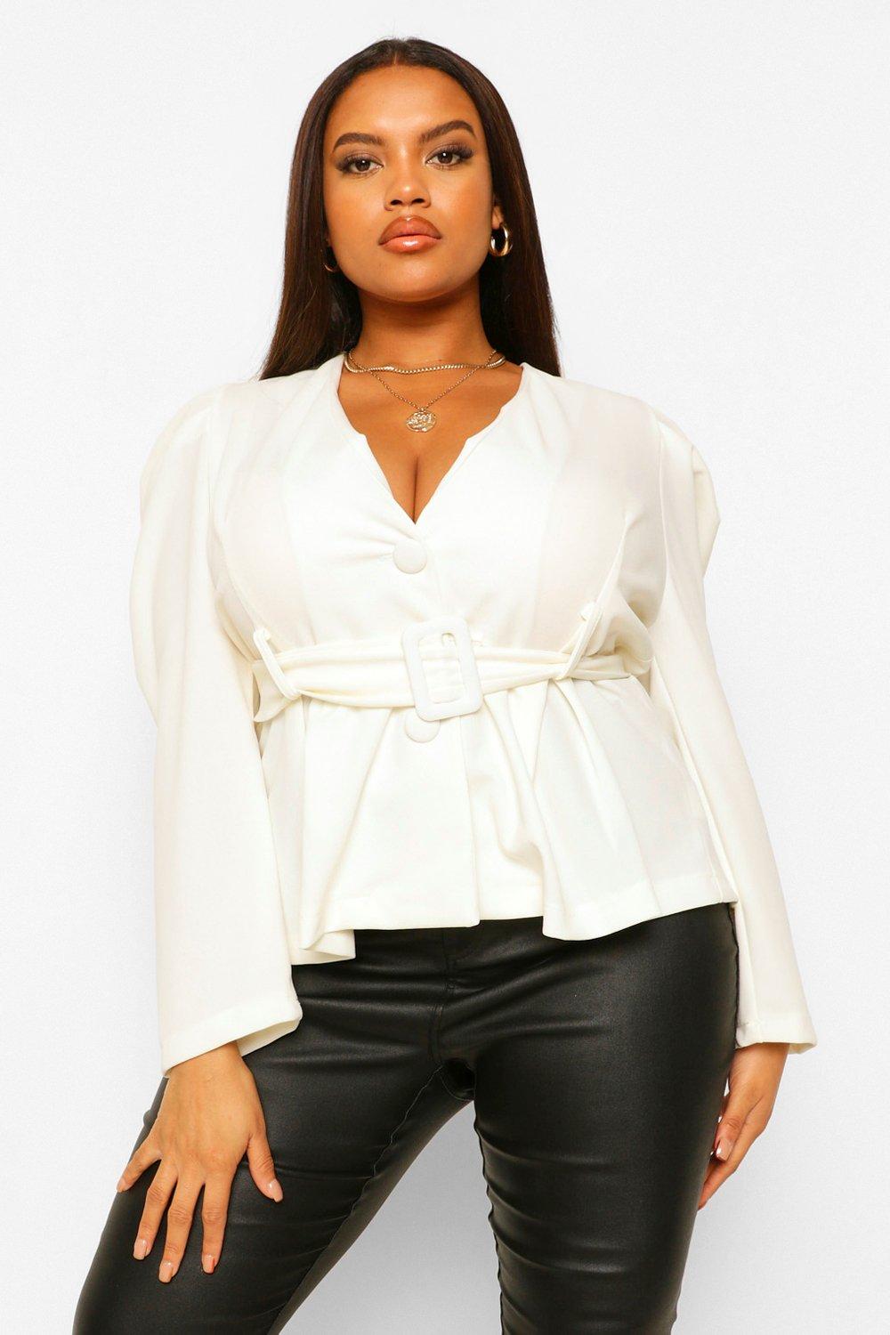 Must Have Womens Plus Self Fabric Belted Plunge Blazer - White - 18 ...