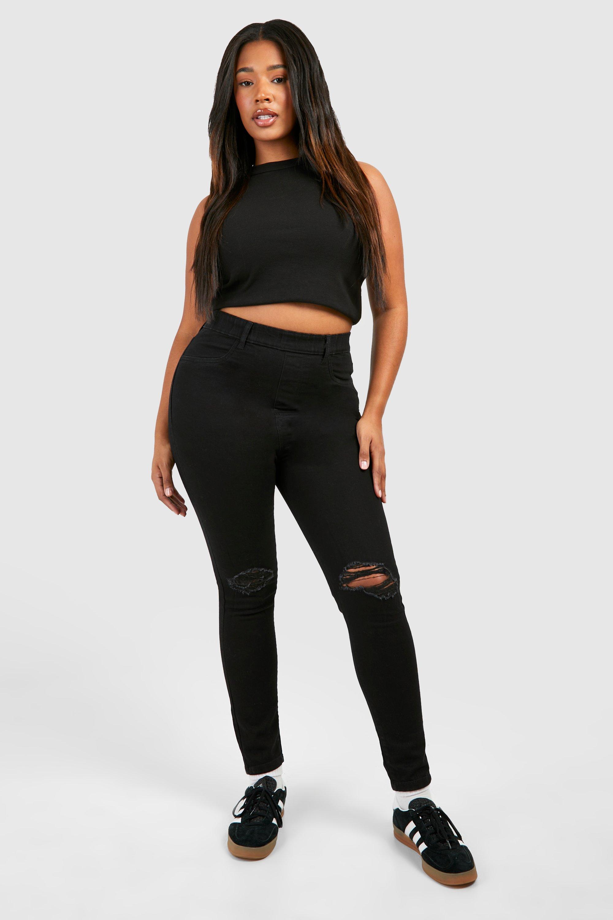 Boohoo Plus Skinny Fit Jeggings Met Gescheurde Knieën, Black