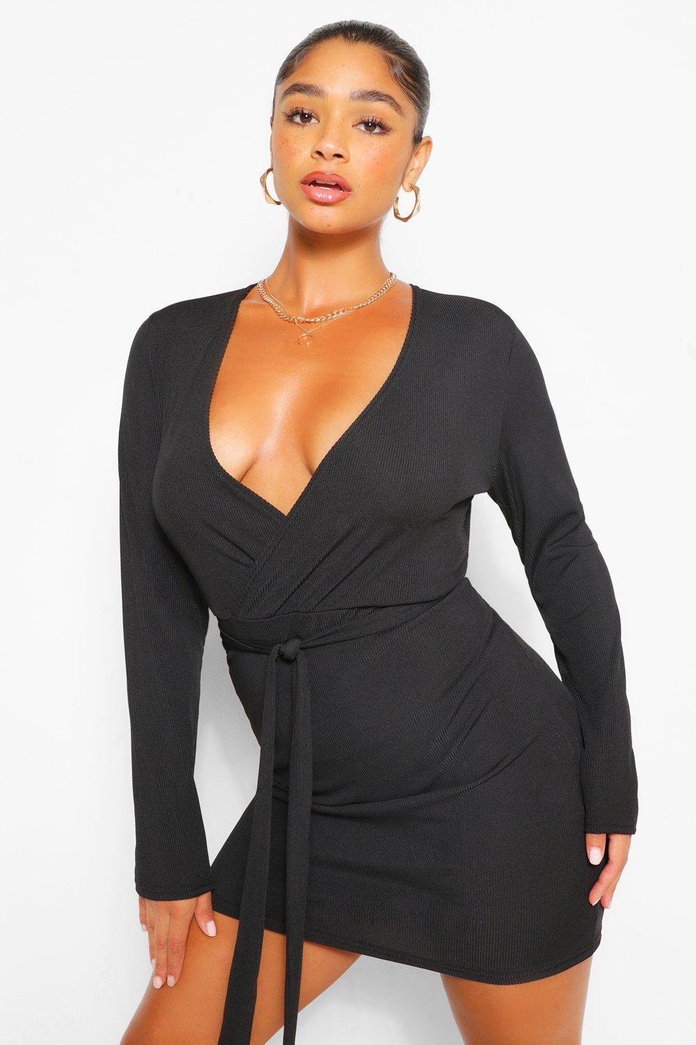 black plunge ruched tortoise belted bodycon shirt dress