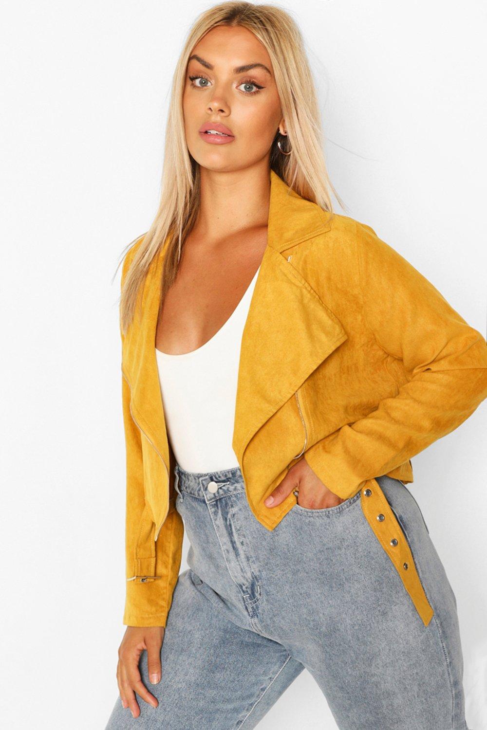 Womens Plus Belted Faux Suede Cropped Biker Jacket - Yellow - 16, Yellow