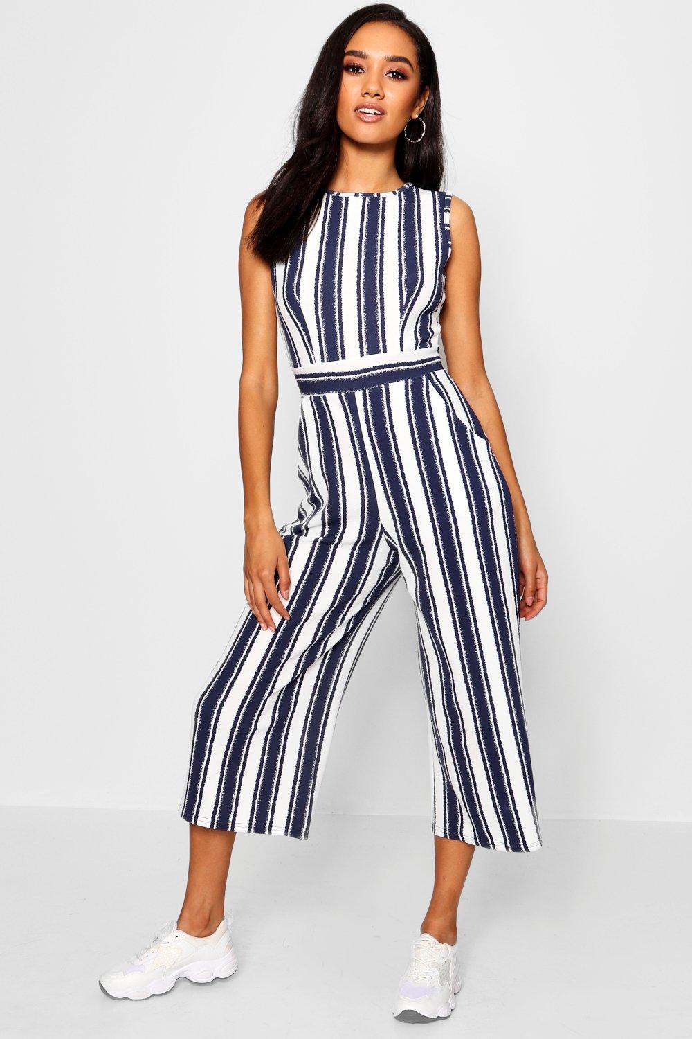 navy and white striped jumpsuit