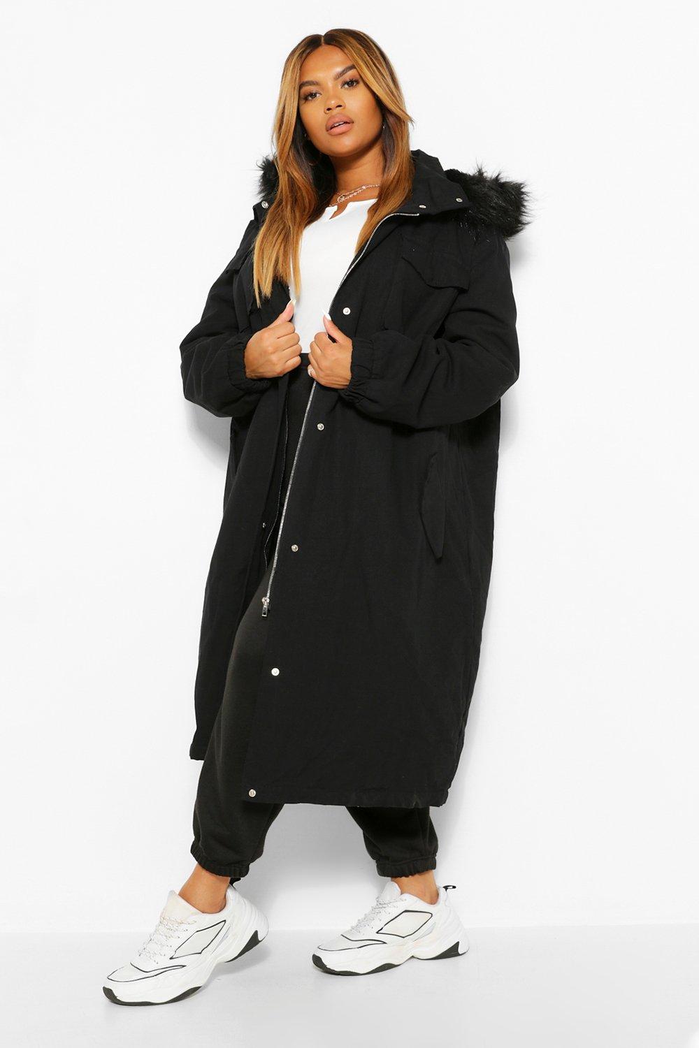 Boohoo Plus Lange Parka Jas Met Faux Fur Zoom, Zwart