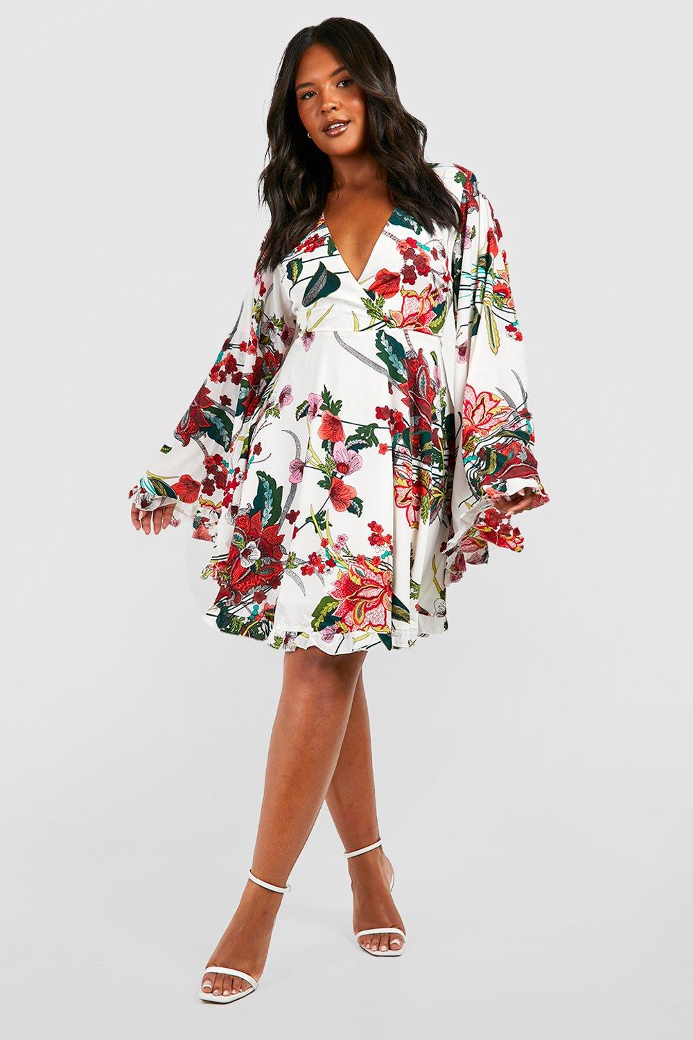 womens plus paisley floral wide sleeve skater dress - white - 18, white