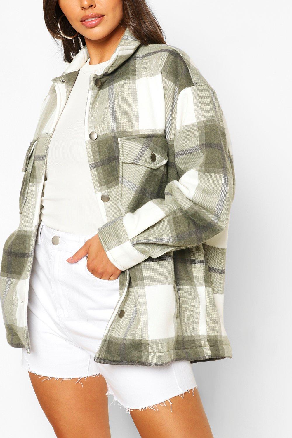 Womens Petite Check Shacket - Green - M, Green