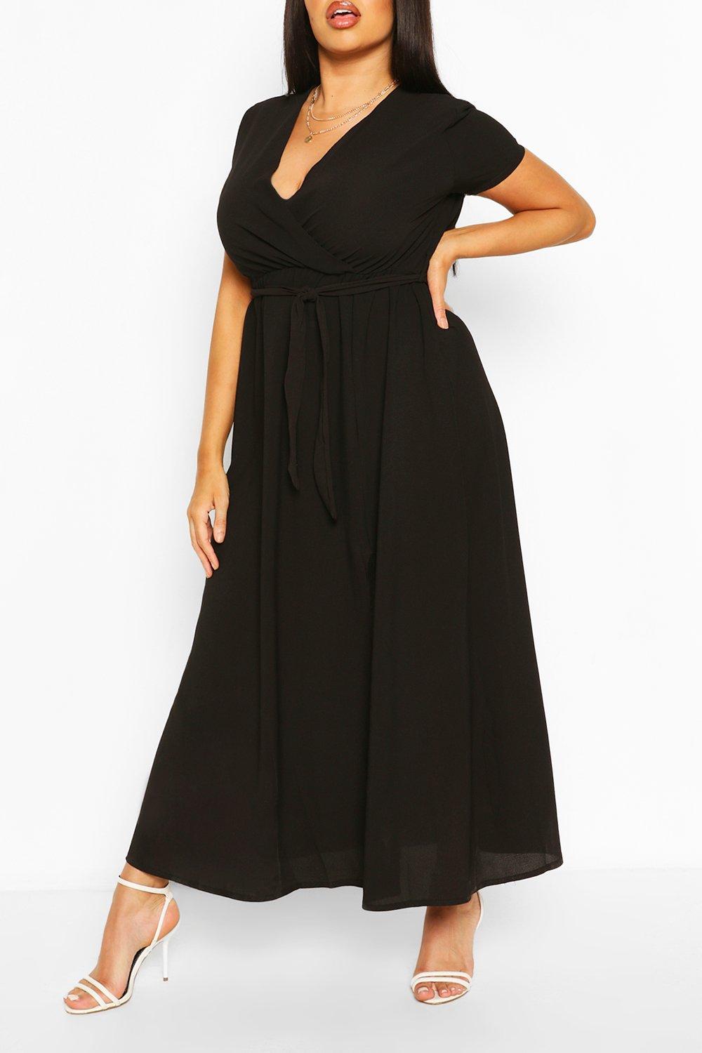 Womens Plus Wrap Cap Sleeve Maxi Dress - Black - 16, Black