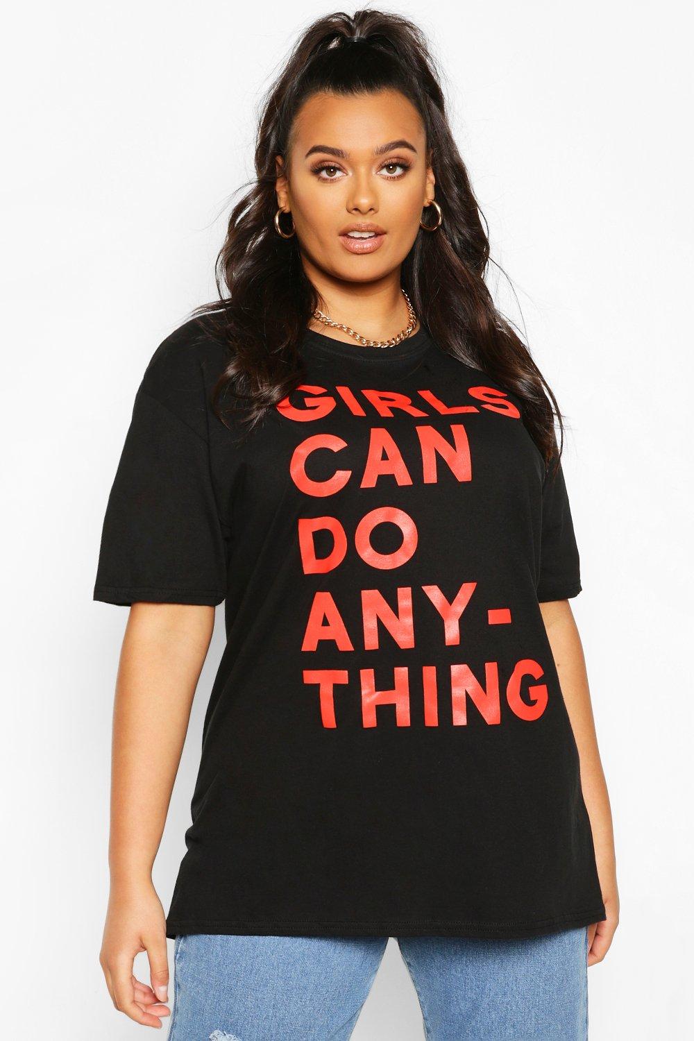 

Из коллекции «Плюс сайз» — Футболка со слоганом Girls Can Do Anything, Black