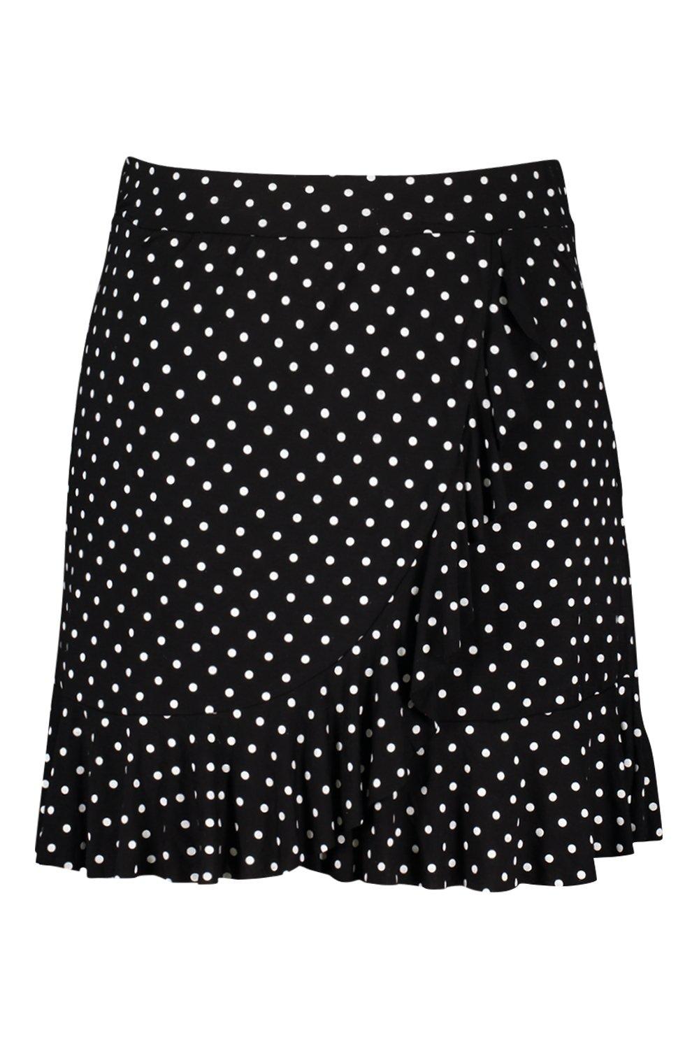 

Plus Polka Dot Ruffle Wrap Mini Skirt, Black