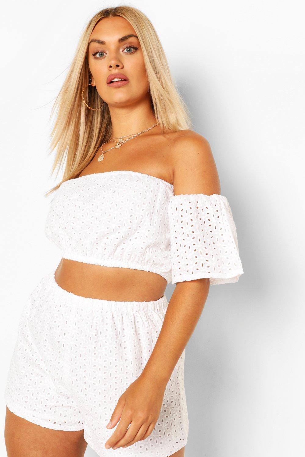 Womens Plus Broderie Ruffle Sleeve Top & Shorts Co-Ord - White - 16, White