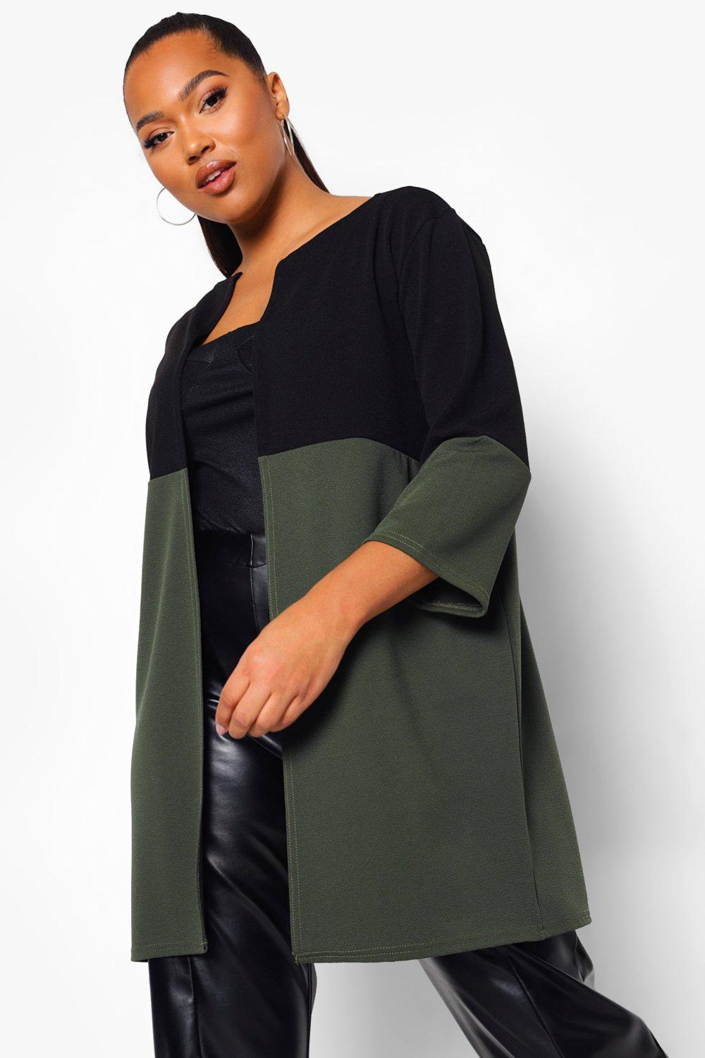 Womens Plus Colour Block 3 Quarter Sleeve Duster Coat - Green - 26, Green