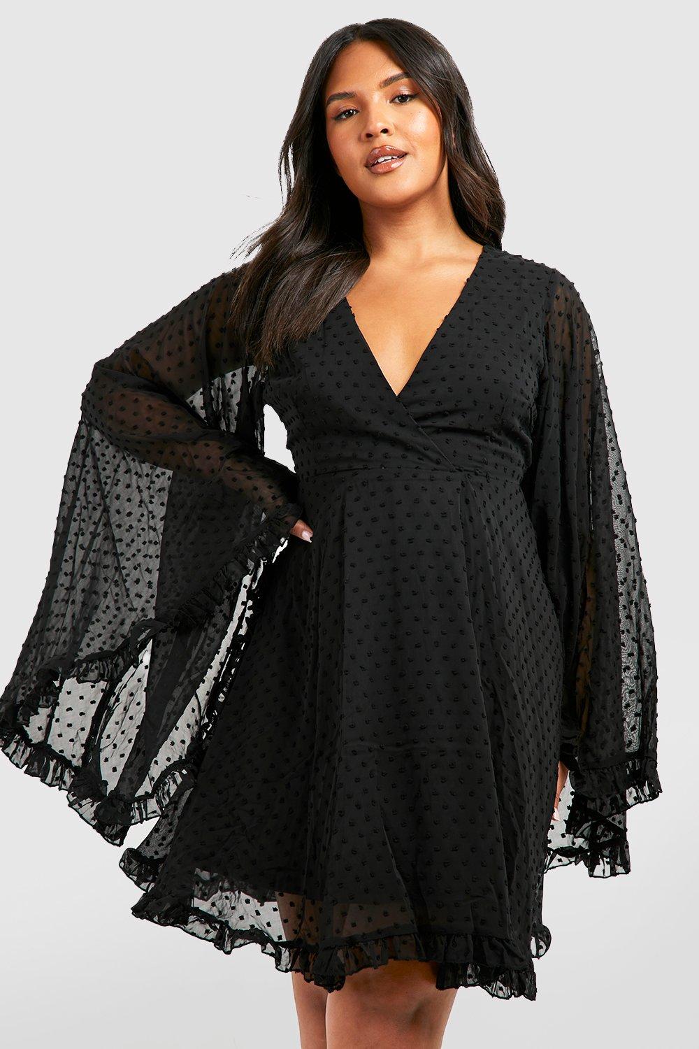Womens Plus Dobby Chiffon Wide Sleeve Skater Dress - Black - 18, Black