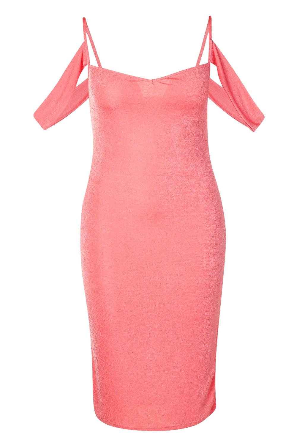 

Plus Cold Shoulder Textured Slinky Midi Dress, Coral