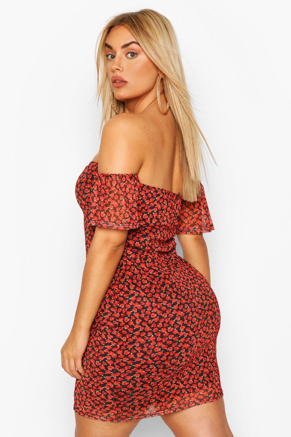 

Plus Floral Bardot Puff Sleeve Mini Dress