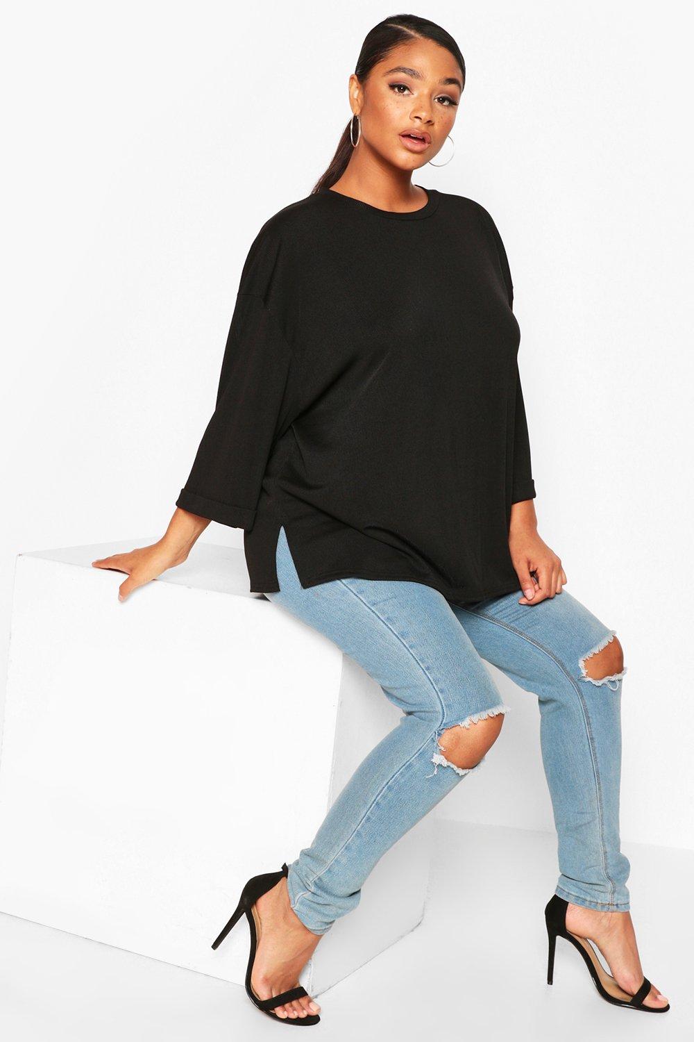 

Plus Loopback Side Split Oversized T-Shirt, Black