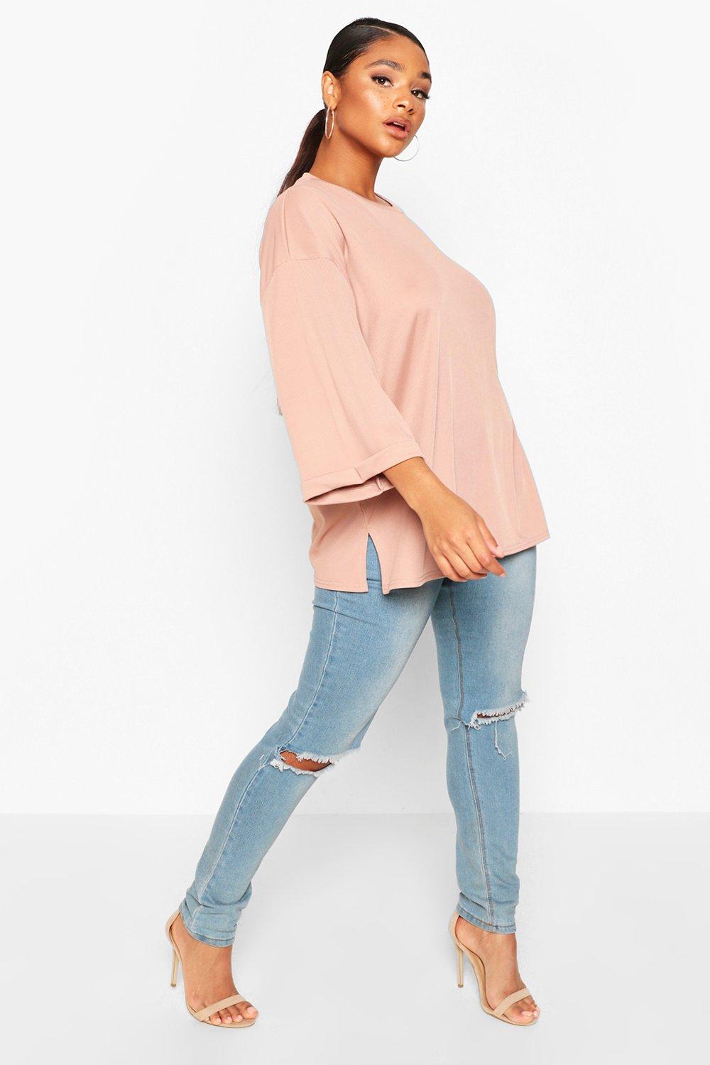 

Plus Loopback Side Split Oversized T-Shirt, Stone