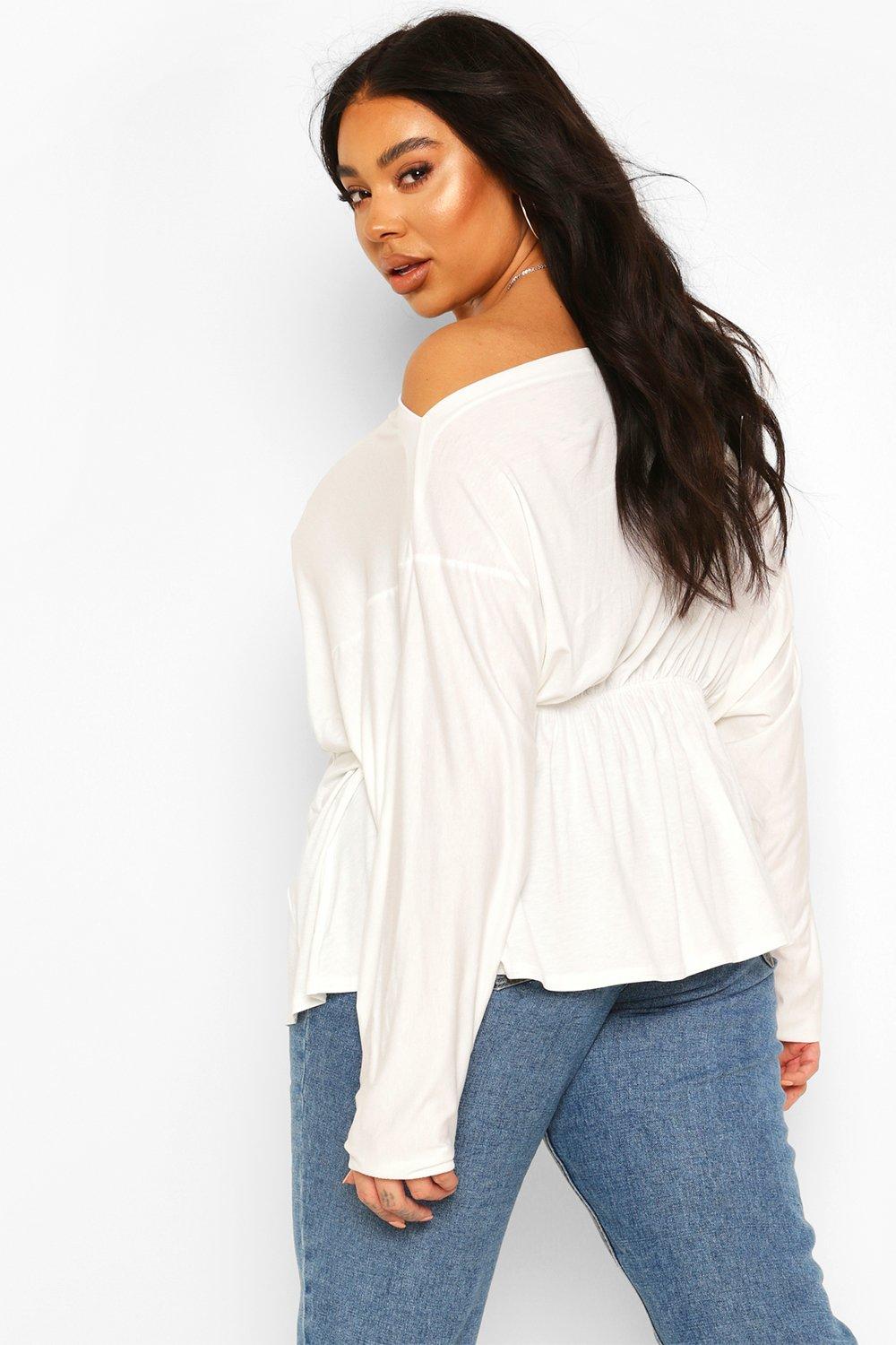 

Plus Slash Neck Batwing Sleeve Peplum Top, Ivory