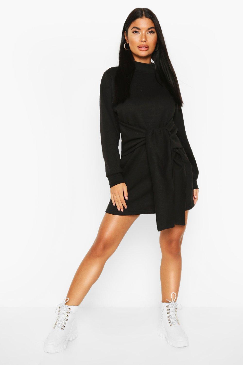 

Petite Tie Front Sweat Dress, Black