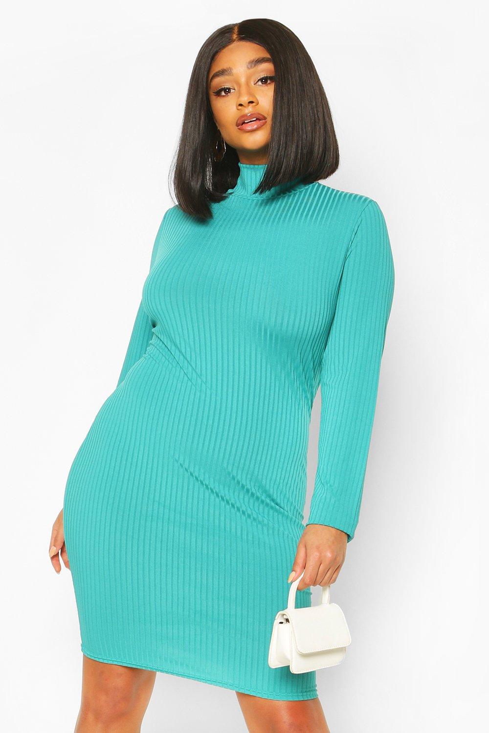 

Plus Jumbo Rib High Neck Bodycon Dress, Teal