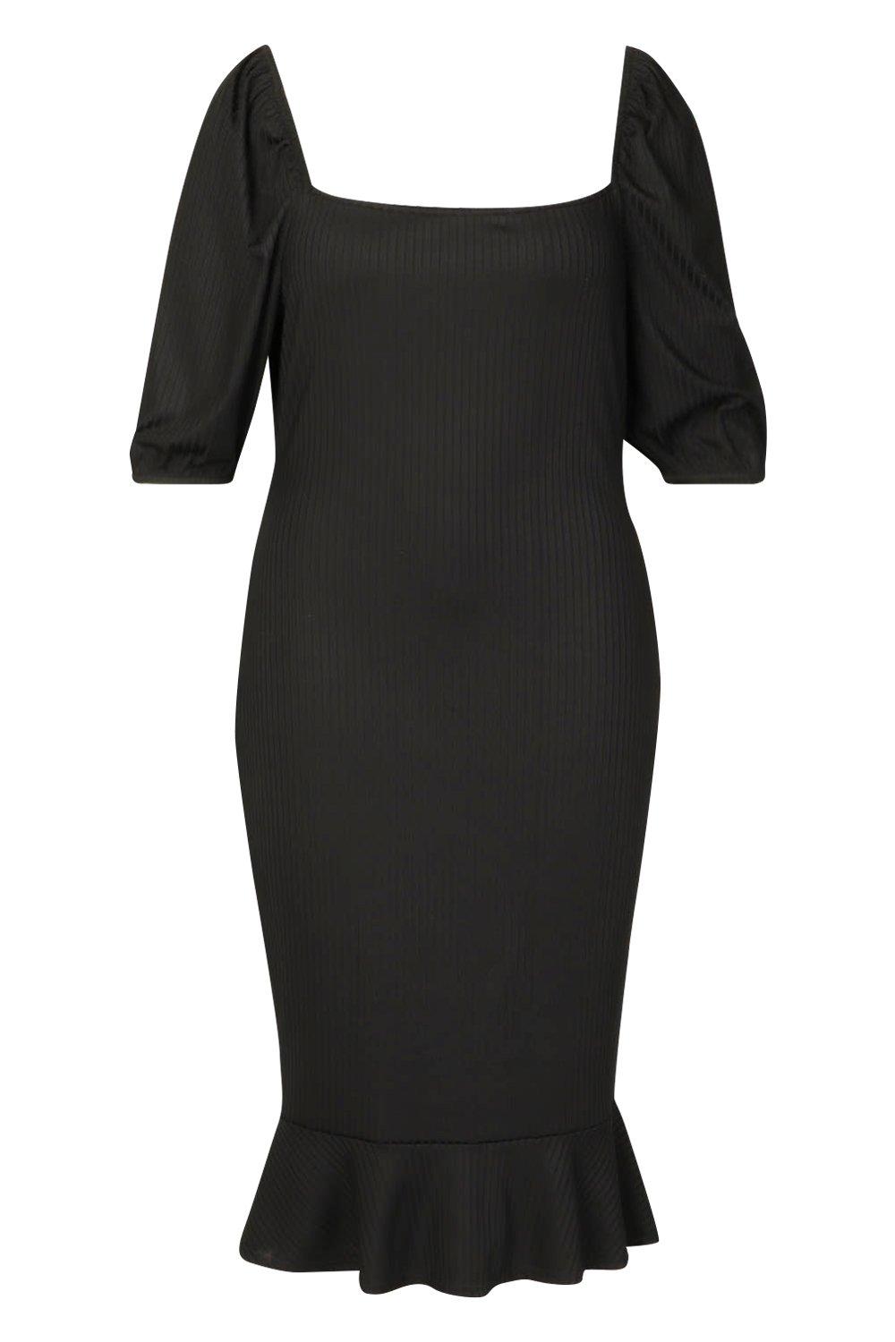 

Plus Jumbo Rib Puff Sleeve Peplum Hem Midi Dress, Black