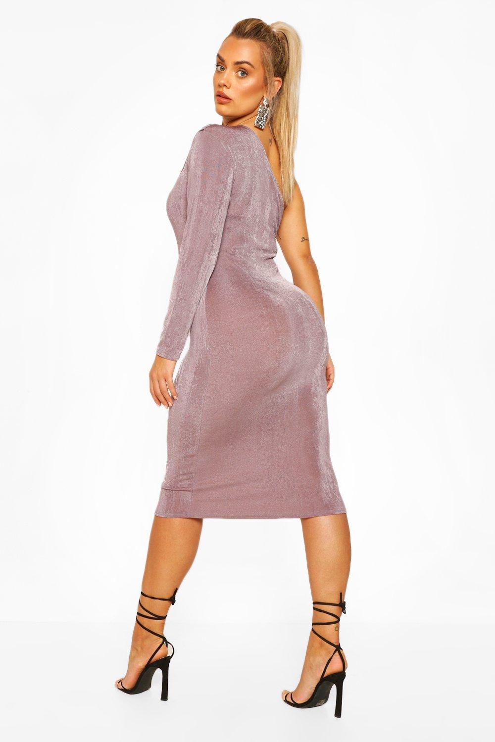 

Plus Textured Ruched One Shoulder Midi Dress, Champagne