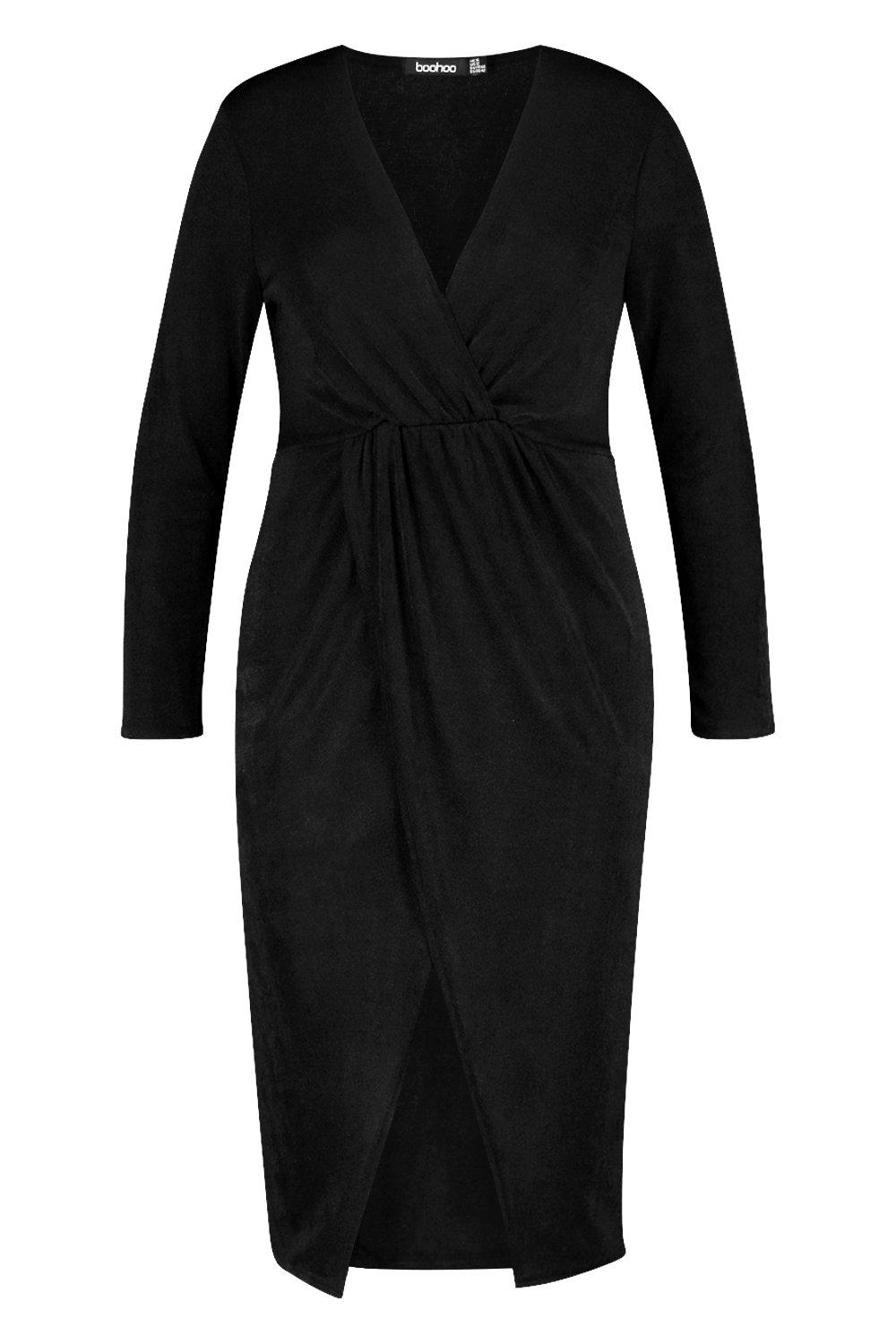 

Plus Textured Slinky Twist Detail Wrap Midi Dress, Black