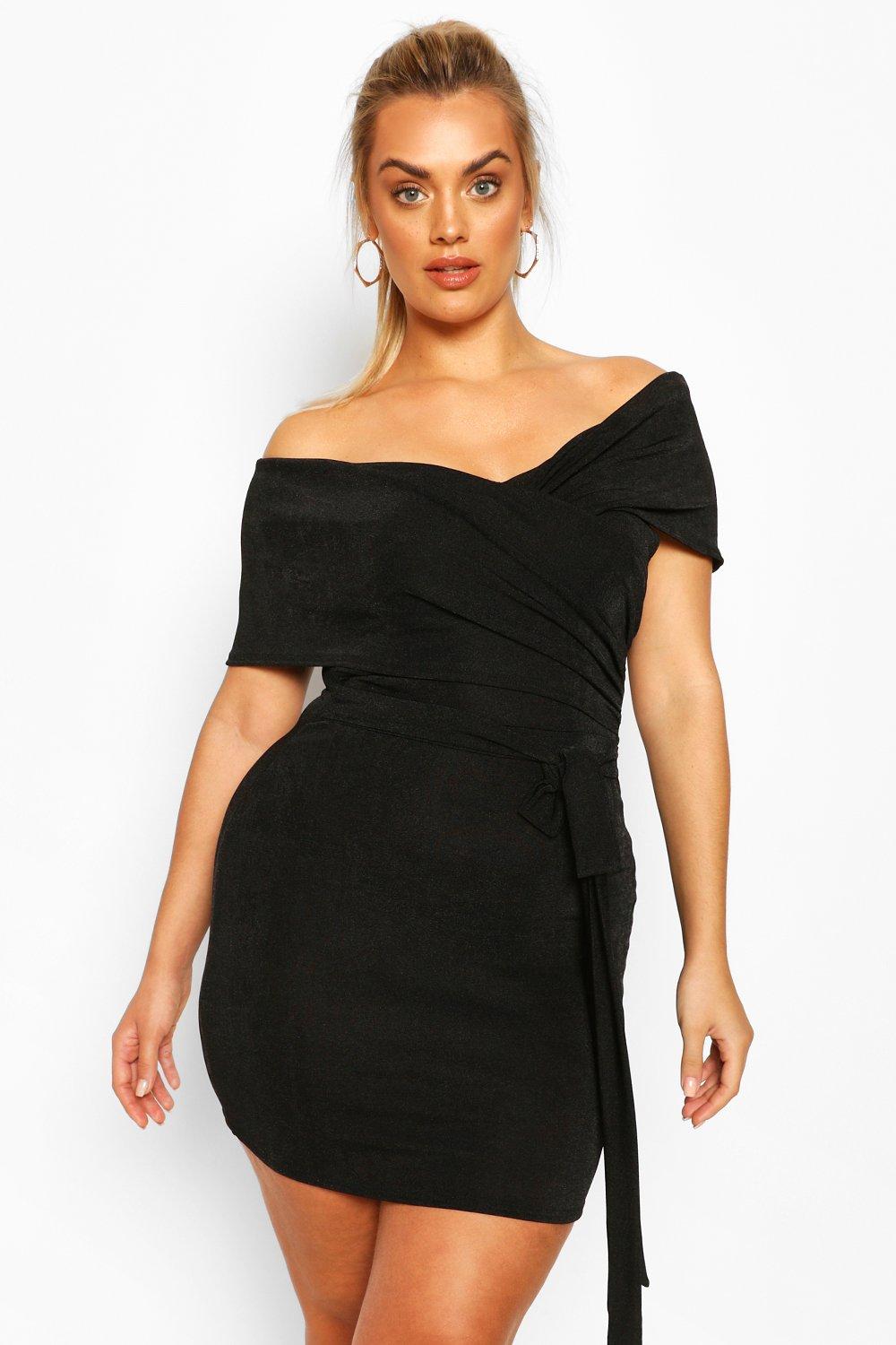 

Plus Textured Slinky Bardot Wrap Dress, Black