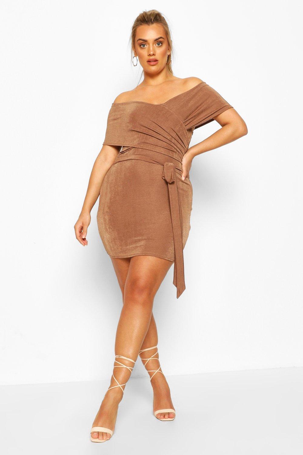 

Plus Textured Slinky Bardot Wrap Dress, Mocha