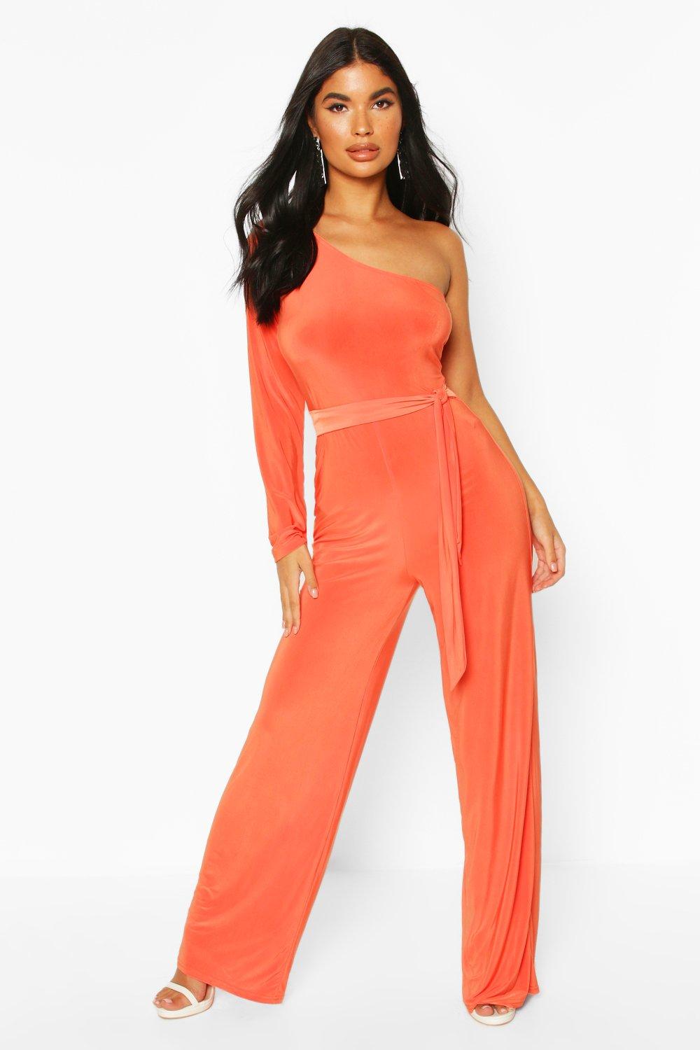 one shoulder tie waist jumpsuit