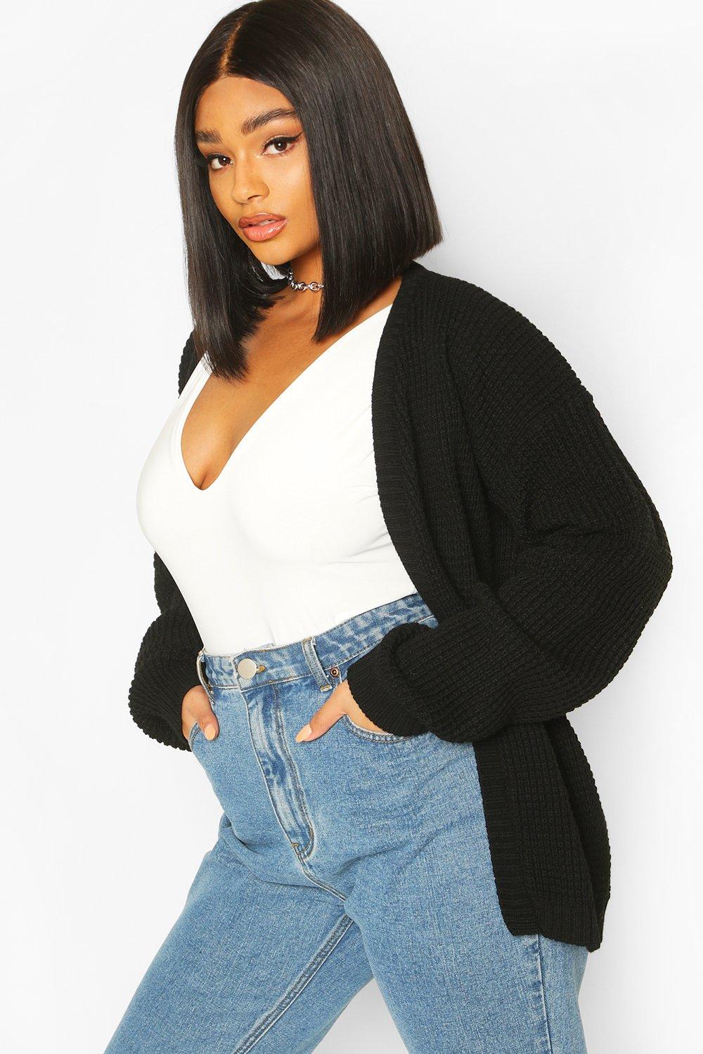 Boohoo Plus Wafel Gebreide Edge To Edge Cardigan, Black