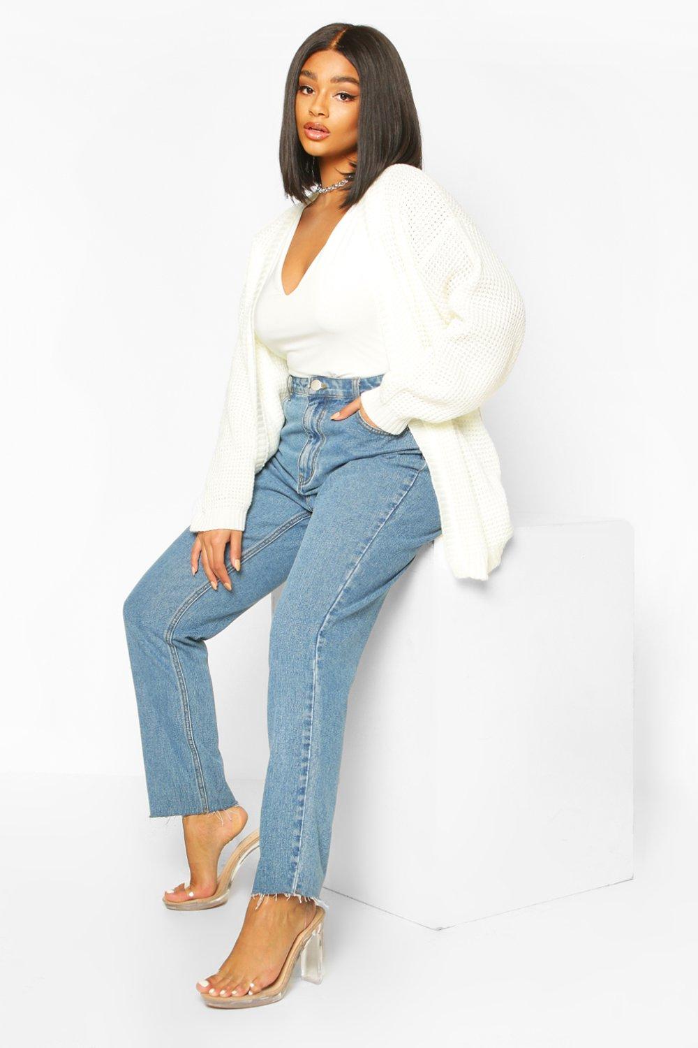 Boohoo Plus Wafel Gebreide Edge To Edge Cardigan, Cream