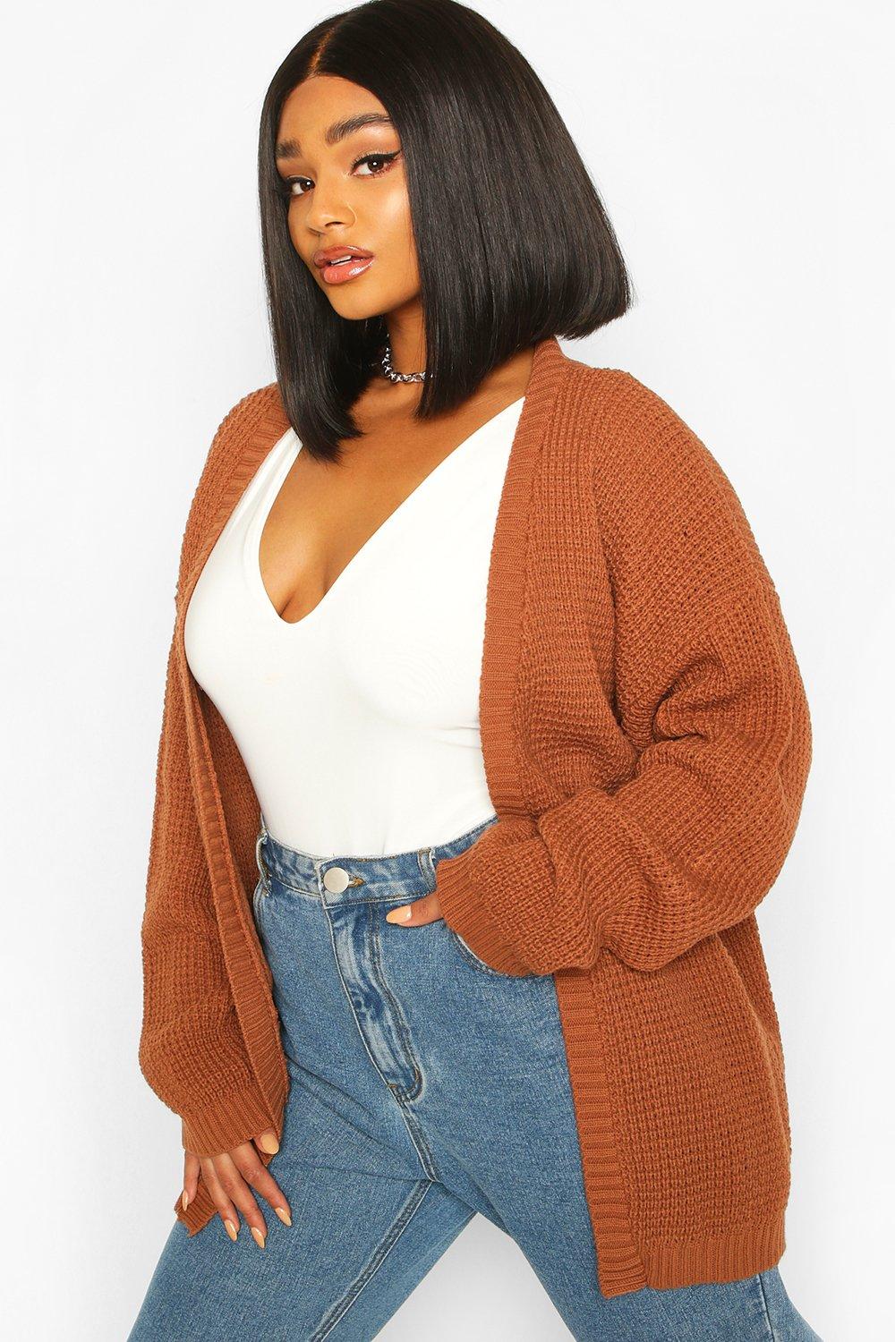 Boohoo Plus Wafel Gebreide Edge To Edge Cardigan, Hazelnoot