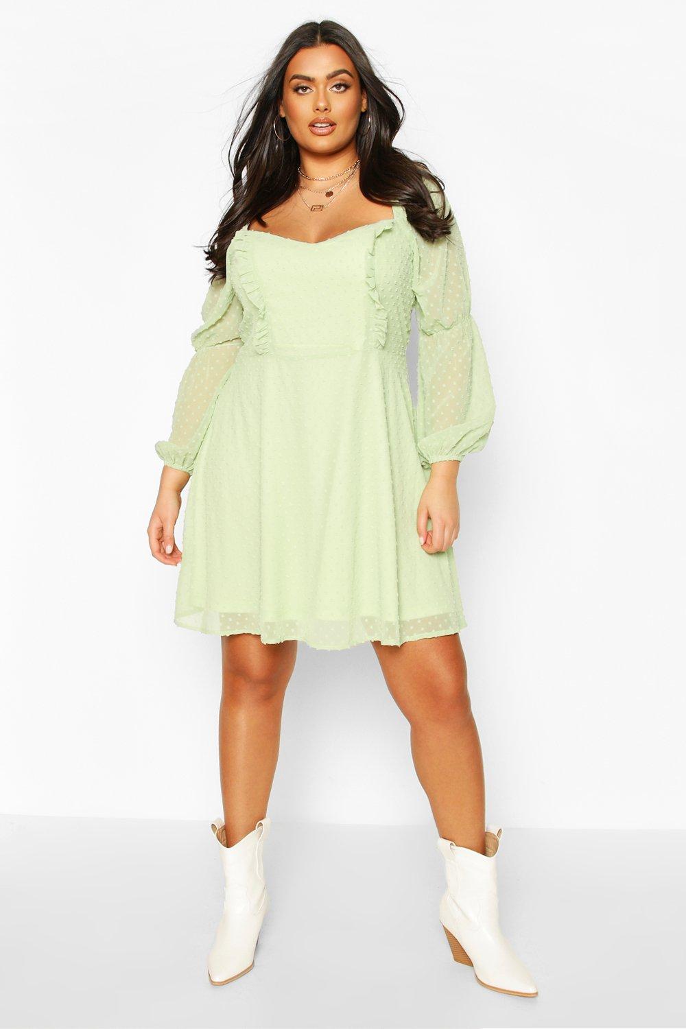 

Plus Dobby Mesh Square Neck Skater Dress, Sage