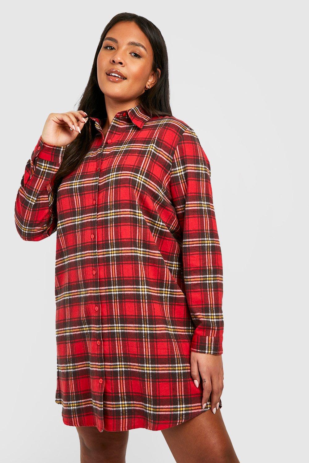 Womens Plus Oversized Check Shirt Dress - Red - 18, Red