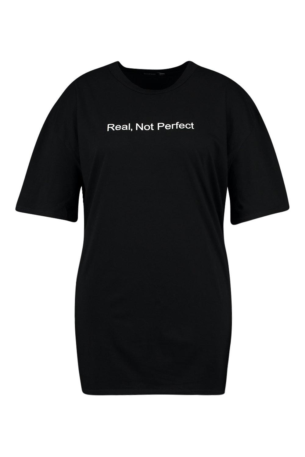 

Из коллекции «Плюс сайз» — Платье-футболка со слоганом Real Not Perfect, Black