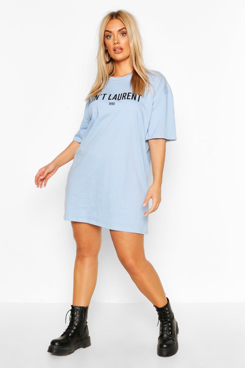 Plus T-Shirt-Kleid mit „Aint Laurent-Slogan BABYBLAU Freizeitmode