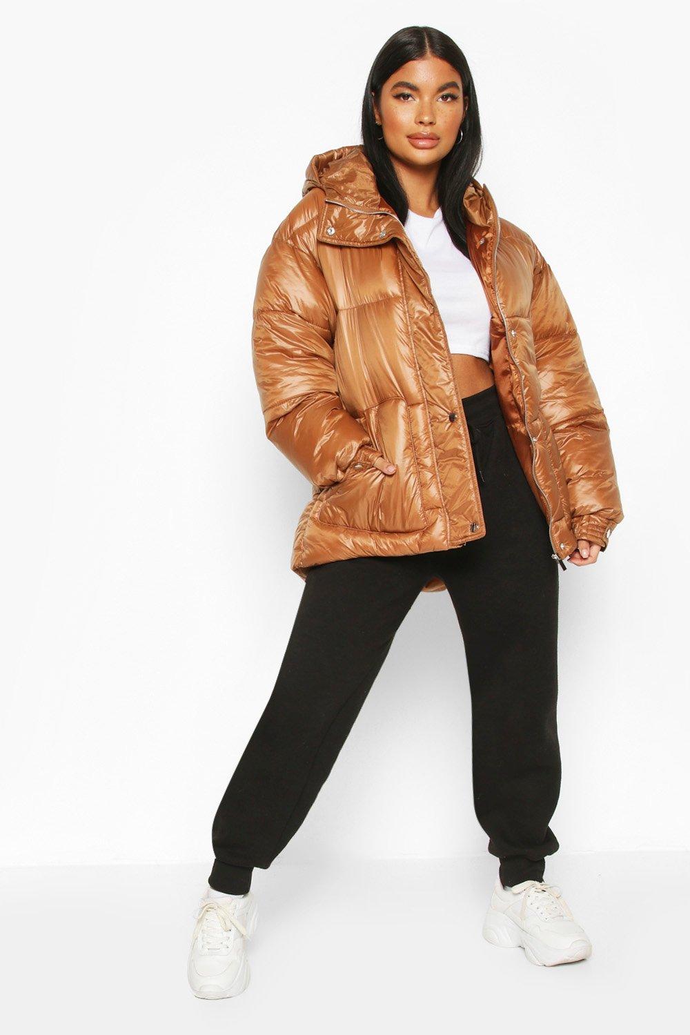 hooded belted puffer coat