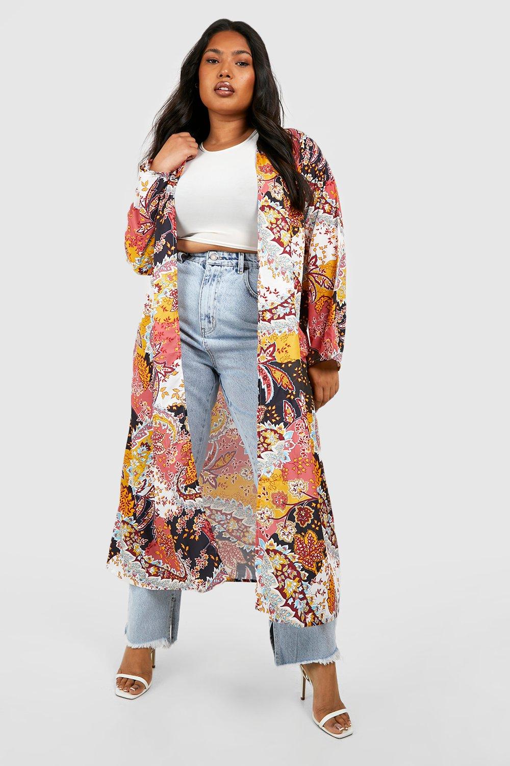 Image of Kimono maxi Plus Size a maniche lunghe in fantasia cachemire, Senape
