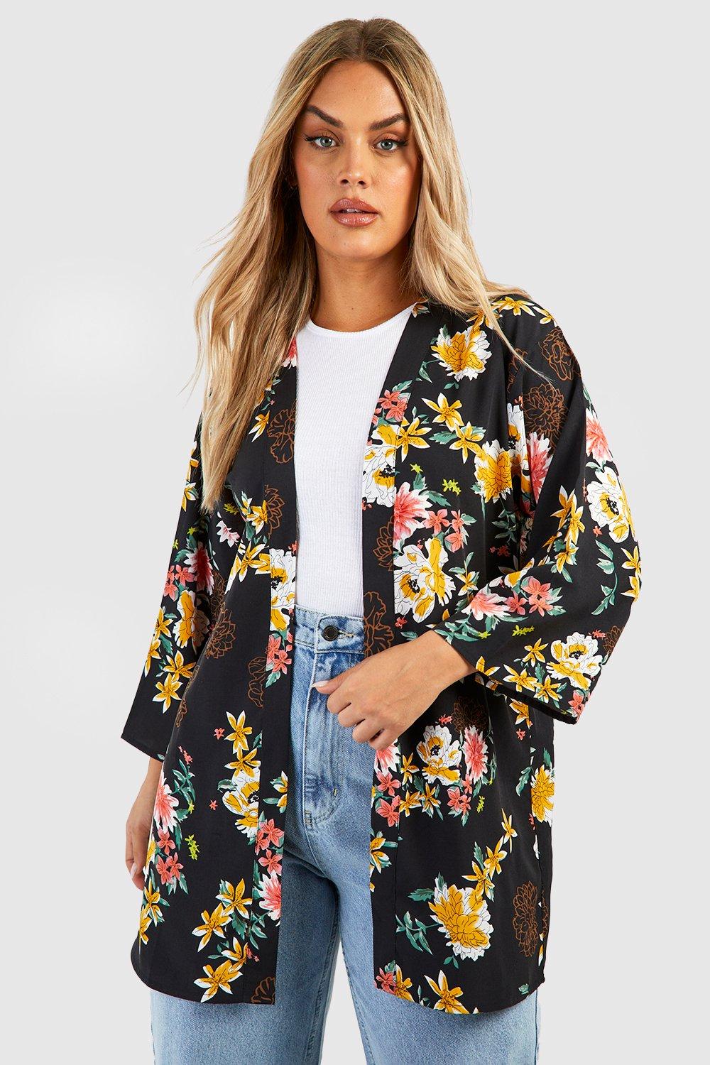 Plus Large Floral Kimono - Black - 18