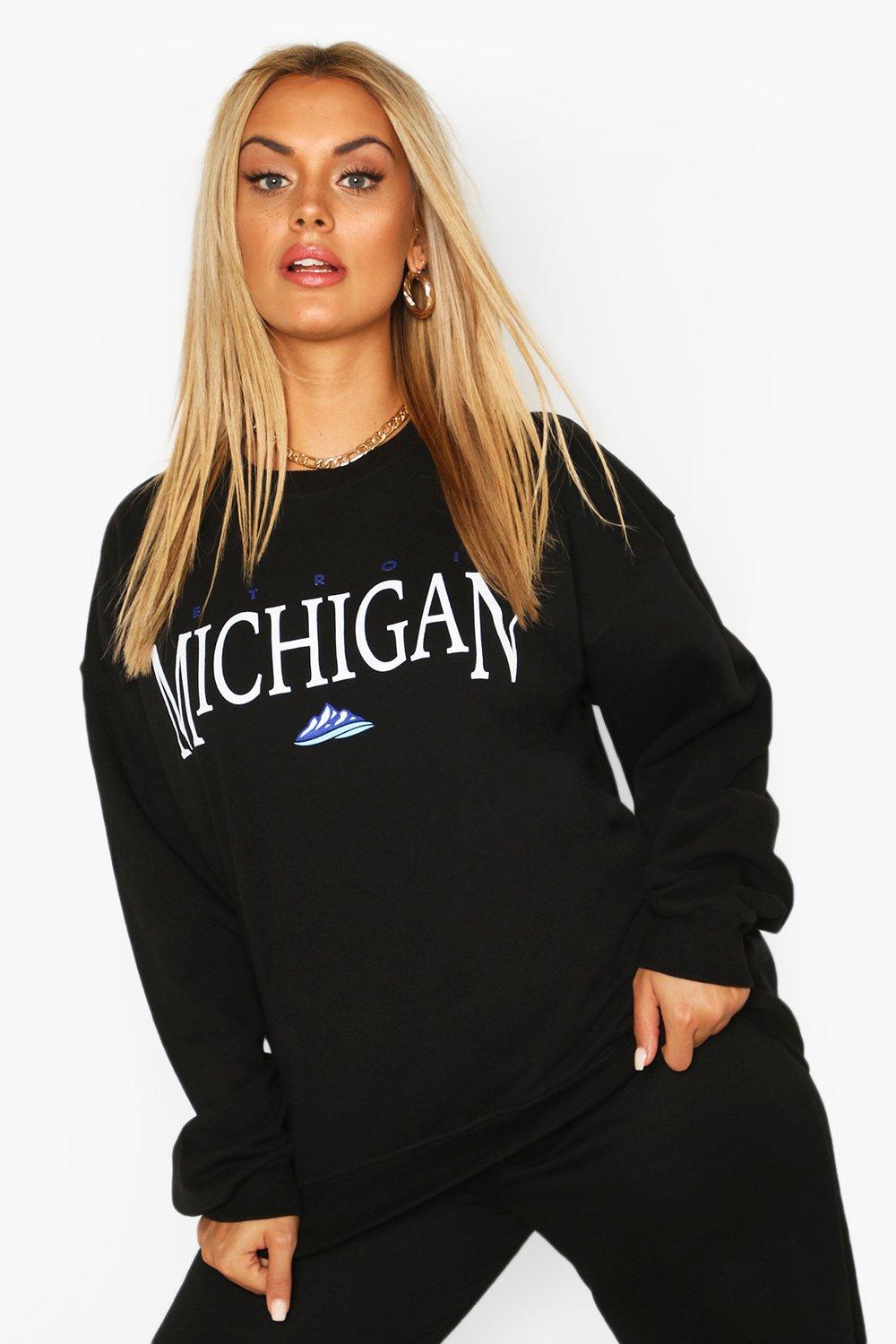 

Из коллекции «Плюс сайз» — Толстовка оверсайз со слоганом Michigan, Black