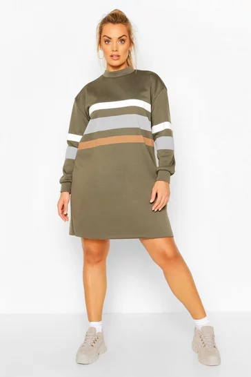 Khaki Plus Stripe Oversized Contrast Sweat Dress 