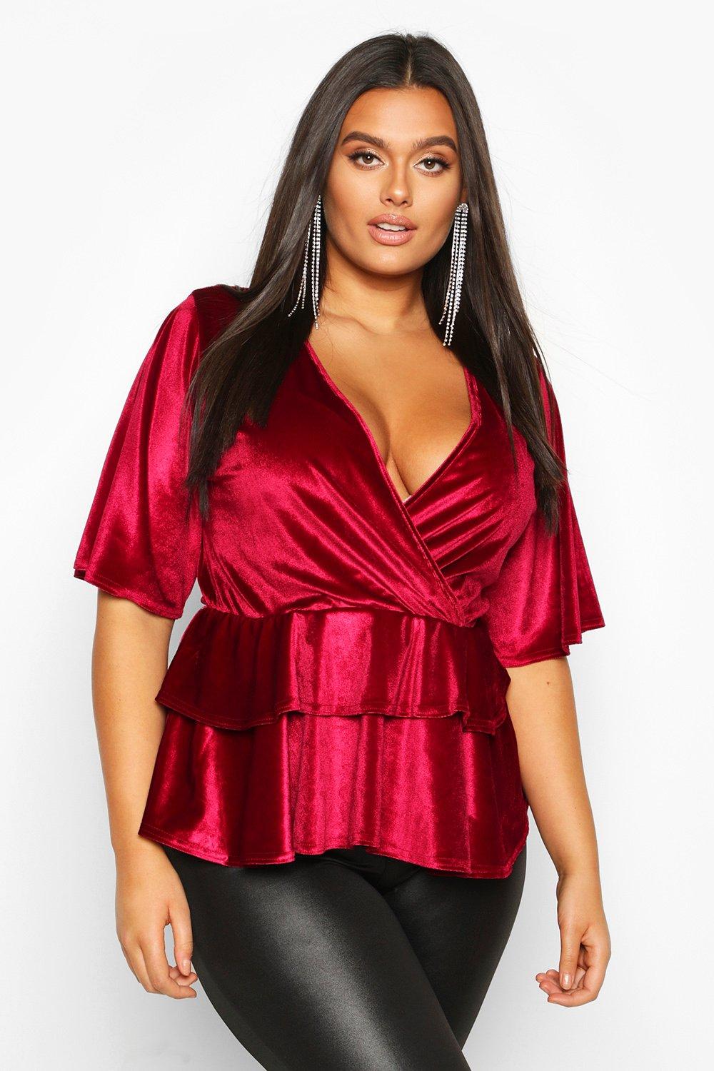 

Plus Wrap Layered Peplum Velvet Top, Berry