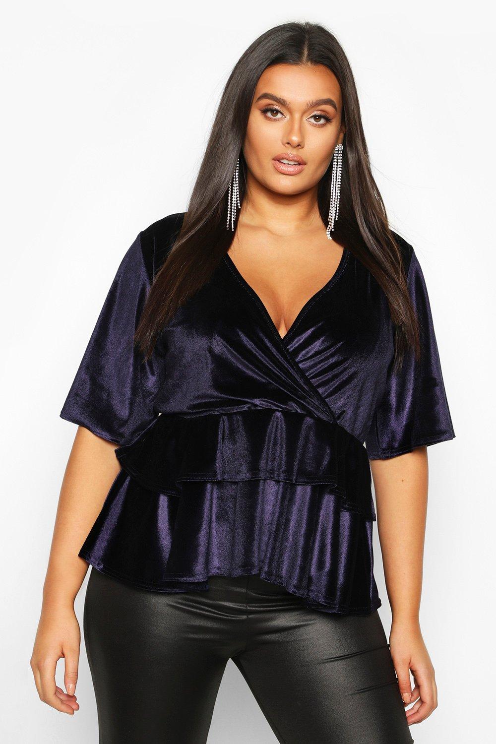 

Plus Wrap Layered Peplum Velvet Top, Navy