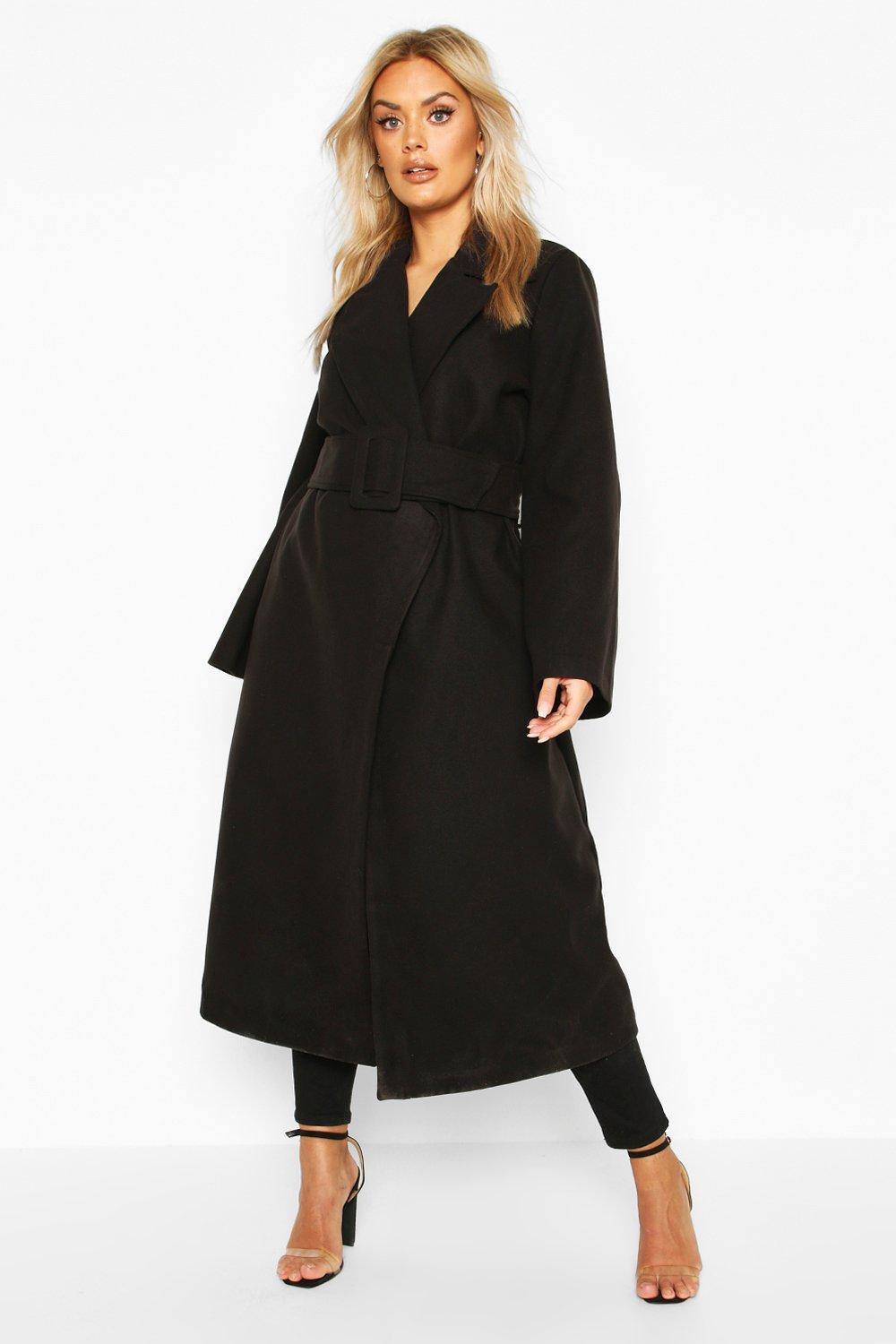 

Plus Self Buckle Belt Wrap Wool Look Duster Coat, Black