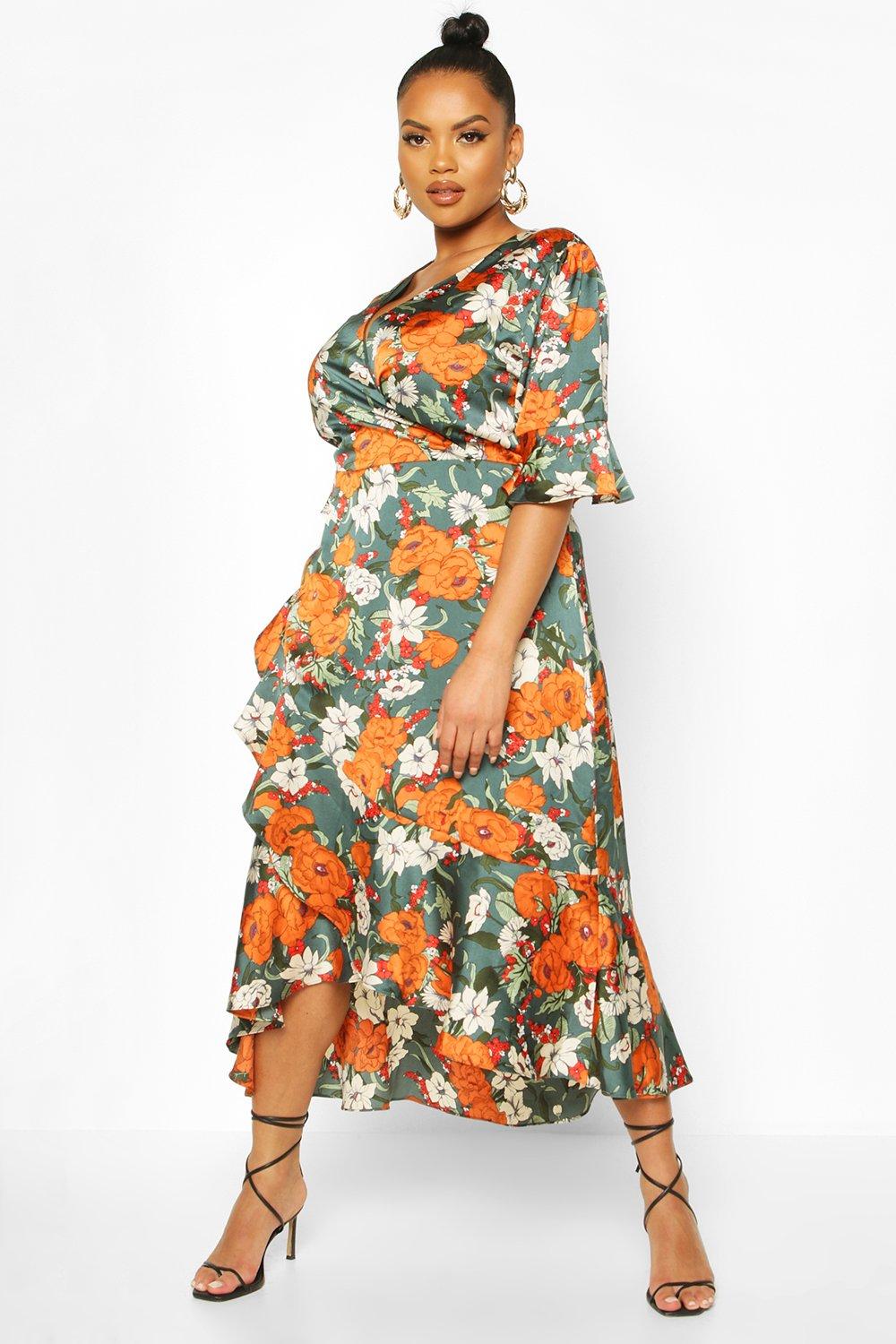 

Plus Floral Wrap Ruffle Midi Dress, Teal