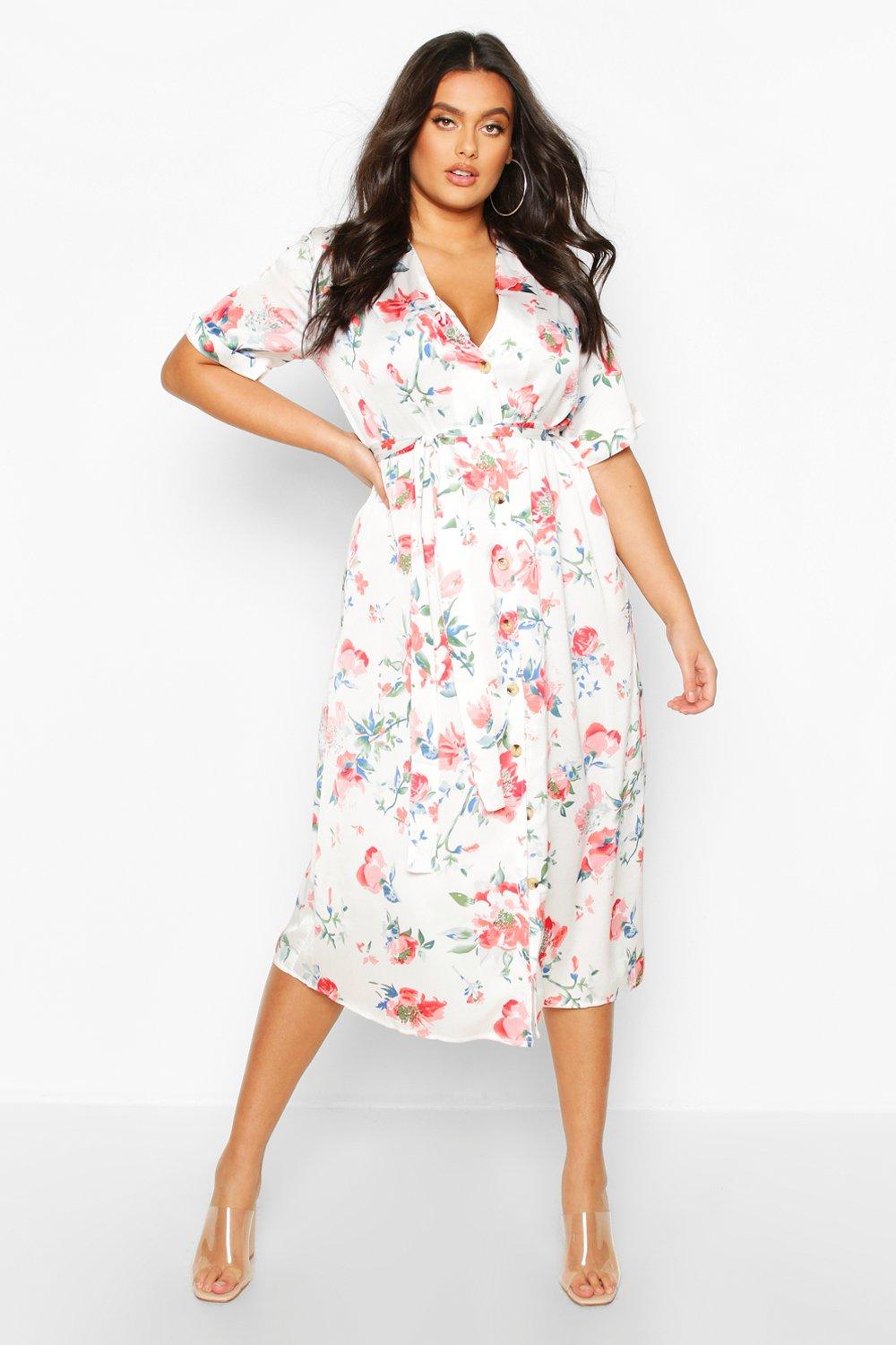 

Plus Floral Satin Button Detail Midi Dress, White