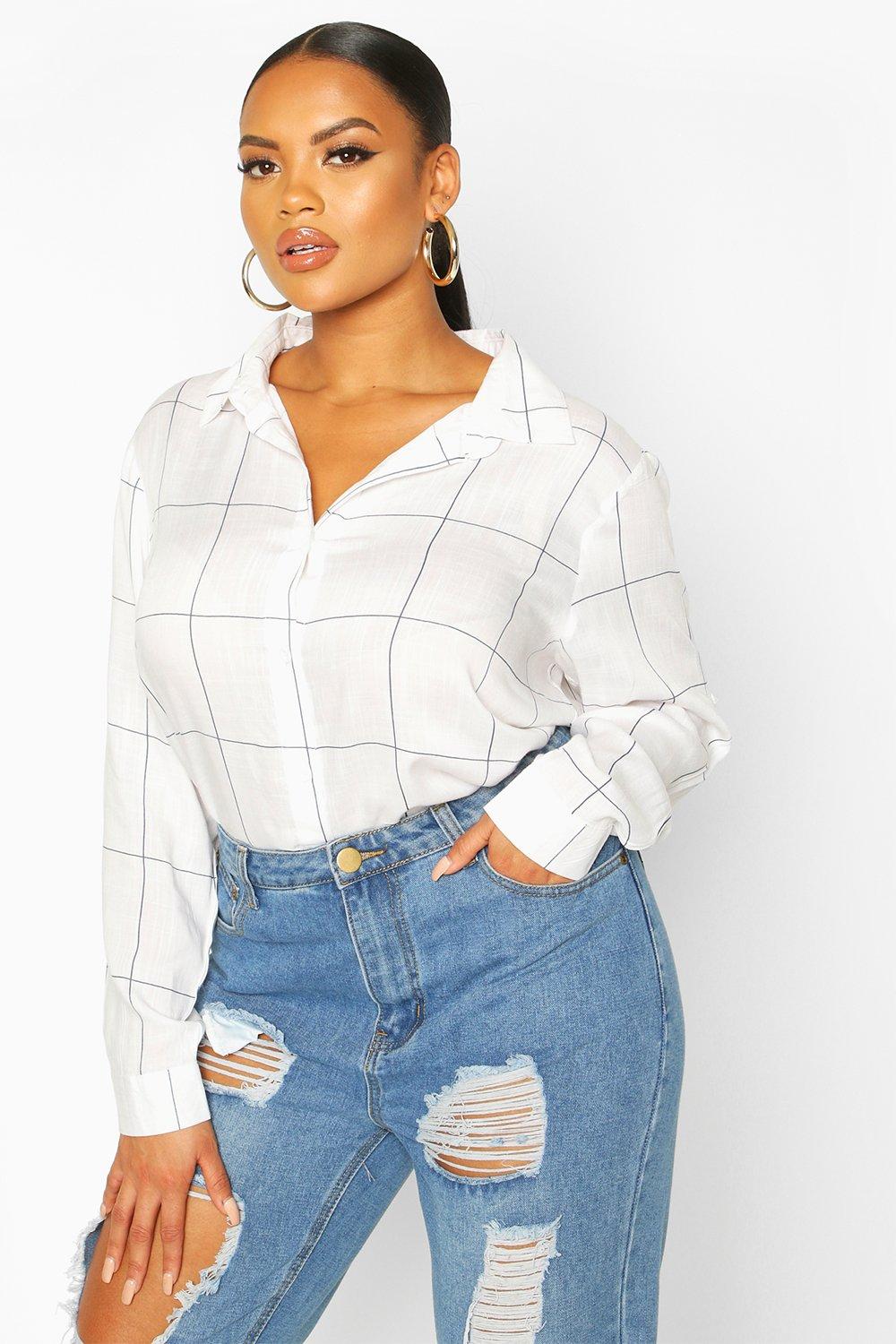 

Plus Grid Check Oversized Shirt, White