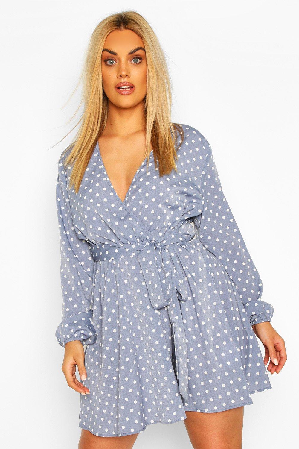 

Plus Polka Dot Wrap Skater Dress, Dusty blue